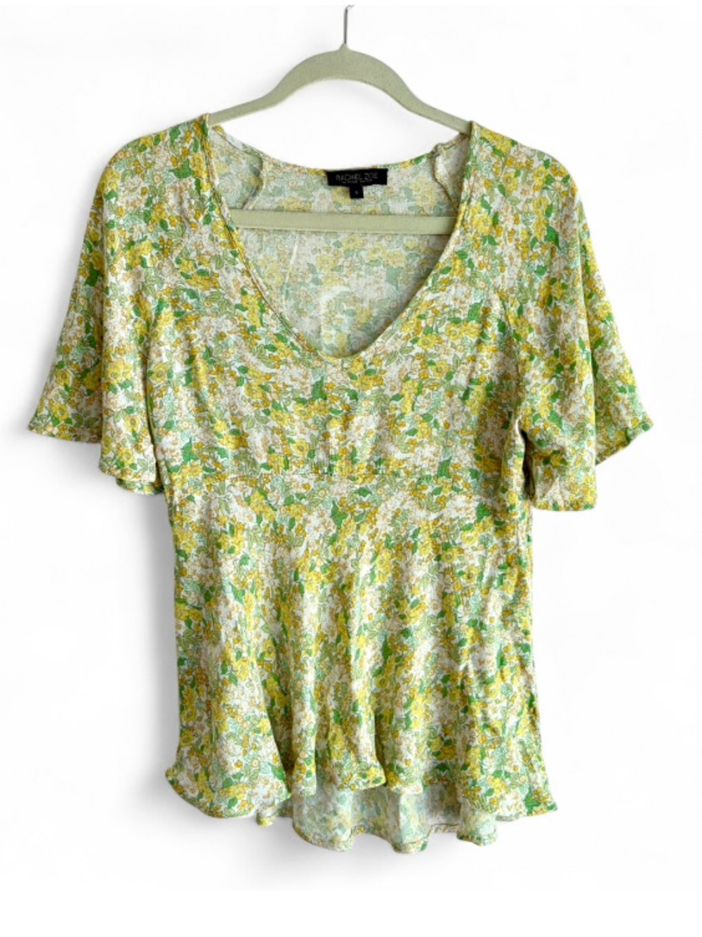 Rachel Zoe Yellow Floral Flutter Sleeve V Neck Blouse Size S